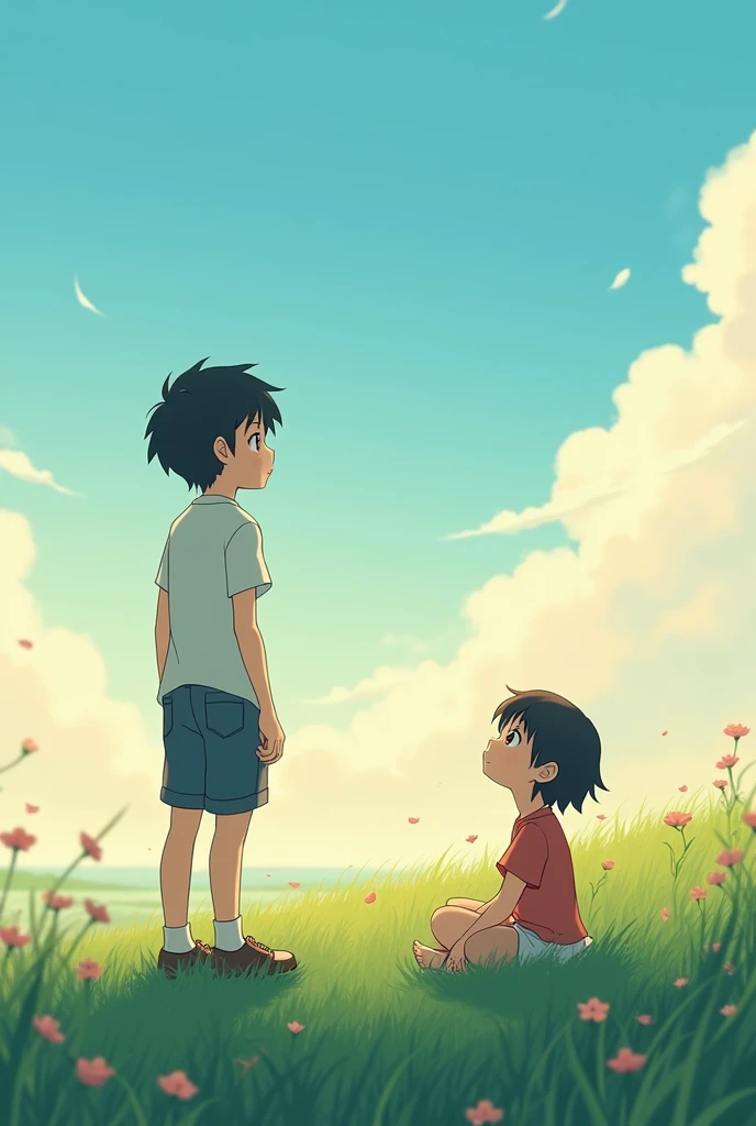 A short teenage girl and a tall adult boy looking at the sky sitting on the grass anime style