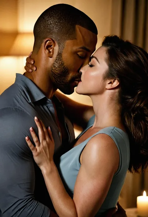 Caucasian actress Caterina Scorsone and a handsome African American male whose facial features are a combo of Charles Michael Davis + Isaiah Mustafa + Omari Hardwick share a steamy kiss inside a bedroom lit only by candlelight. Caterina has lovely makeup o...