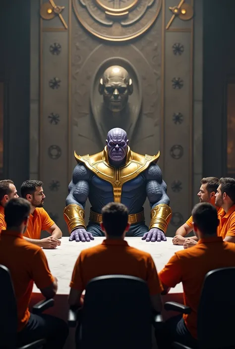 Thanos sit at head of the table meeting with 6 person with orange polo t-shirt 