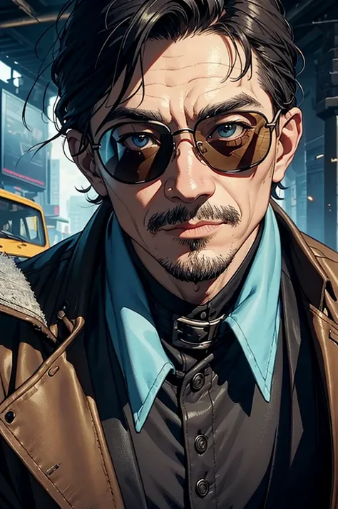 Close-up of a man wearing sunglasses, หน้าตาแบบ Joel Hicks, Epic Fantasy D & Good Hobbit Rogue, After the world ends explorer, Nicodemus, middle aged man, Old Cyberpunk Man, After the world ends, To D & letter D, john, wizard, wise, No hats., dirty man