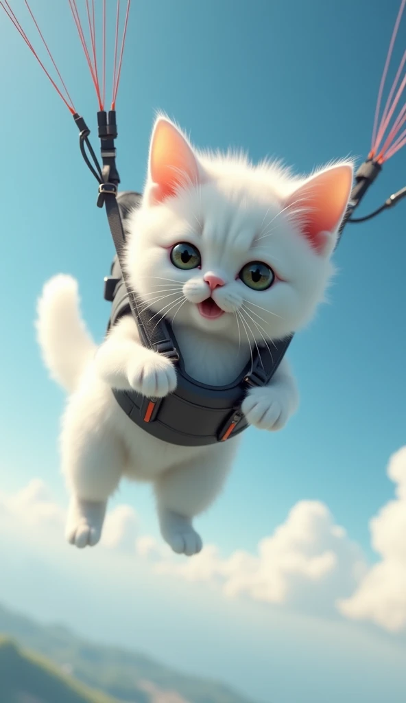 A white realistic floppy cat paragliding