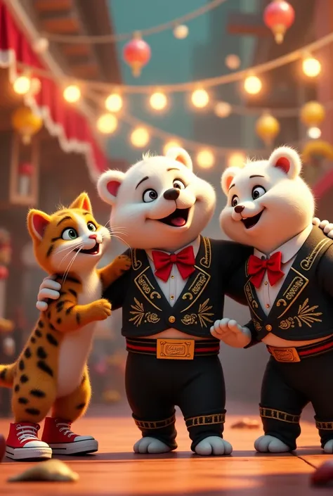 

"There are three animated characters at the party:

1. A Calico Cat, who wears red tennis shoes and nothing else.


2. At your side, There is a female bear with white fur, dressed in a long black mariachi suit, with gold stripes and a red ribbon on the n...