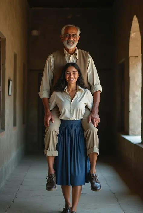 Create a realistic photograph of a smiling and beautiful sexy Pakistani college girl in college uniform skirt carrying a large stout indian male professor on her shoulder , in a old hut room, man is sitting on top of her shoulder, man on top, woman standin...