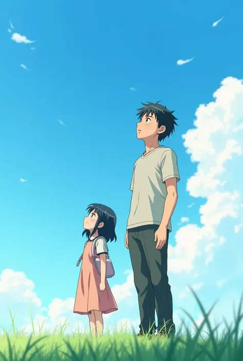 a short  teenage girl with a tall 1 adult boy, Both looking at the sky anime style