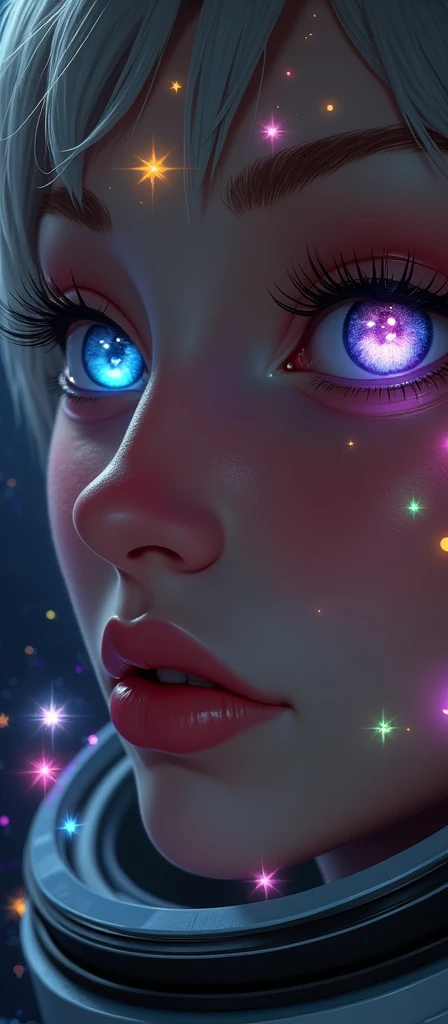 Close-up of an improved masterpiece:1.5)0.9], (Space and astronauts:1.2) (Messy silver hair:1.1) (Heterochromia: xanthochromia and blue eyes:1.2) (Space helmet:1.0) (Colourful stars in the eyes:1.0) (A radiant glow:1.1) (thick lips:0.9)