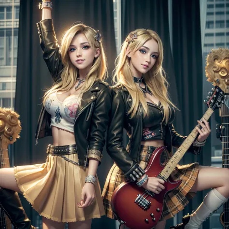 (best quality, masterpiece:1.5), (ultra-detailed, realistic:1.37),4K,cute,beautiful,(2girls),(blonde hair cut),(girls rock band:1.2),(skirt),(big breast),punk,make up face,smile,fist hands