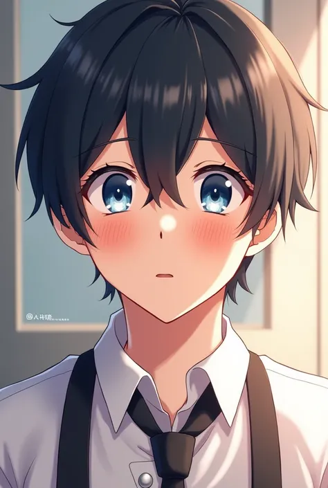 A handsome anime guy with black hair, Hair Between Eyes, Short Hair, cornflower blue eyes, wearing a chef uniform, Looking at viewer, From Above, Best Quality, Full-face Blush, Anime, 