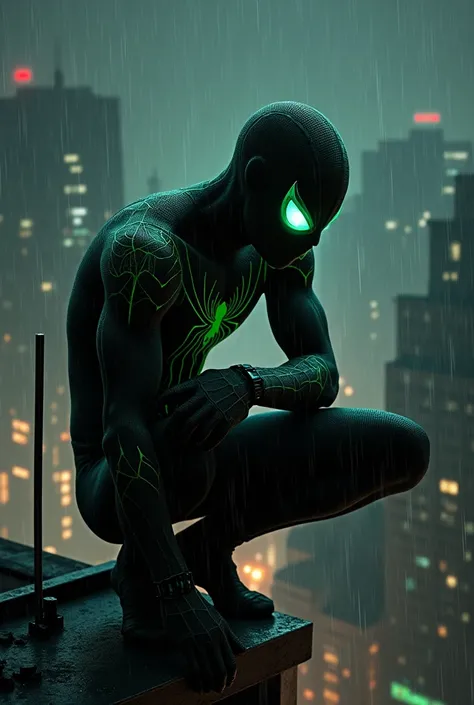 Spiderman in black suit with the webs of the phosphorescent green suit and white eyes sitting on a building at night while it rains in profile