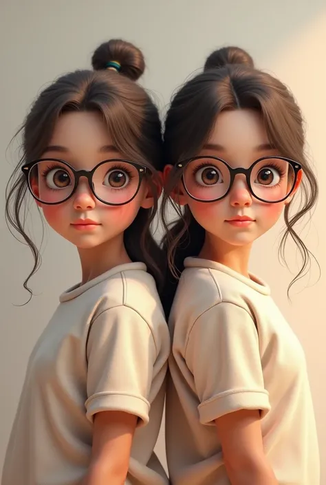 two twin girls with glasses, one with loose hair, the other with a ponytail