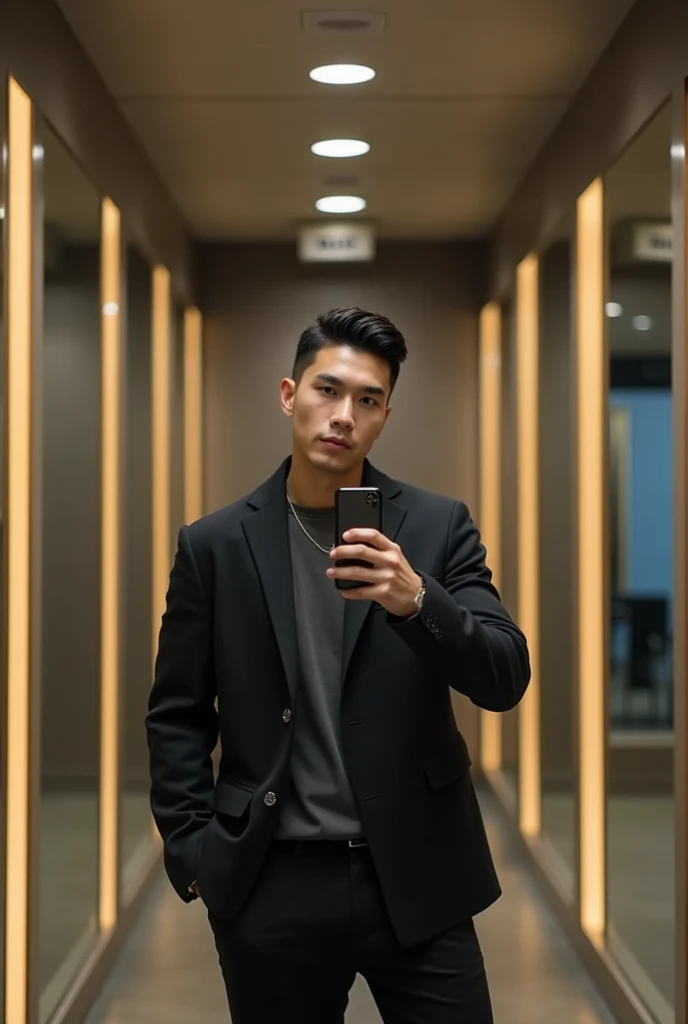 Asian guy (1) with slick hair taking a mirror selfie inside fitting room.