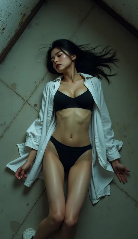 A full body photo of cute and beauty korean girl getting defeated and exhausted laying down on abandoned building floor, wearing white ripped unbuttoned shirt, black sport bra and panties, white sneakers, tired and sad face expression, big breast, top pov