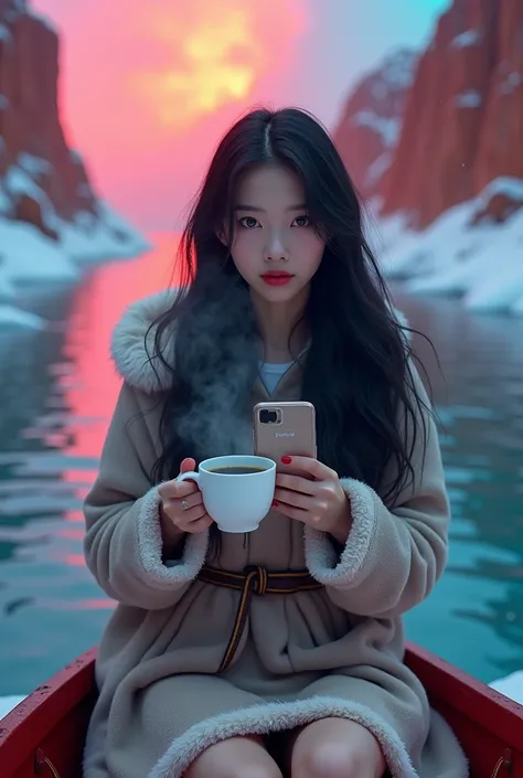 uhd,realistic, female china model (natural beauty, sad eye, long black hair, face visible, facing front) dressed in modern winter dress  futuristic colorfull with fur on arm, left hand holding samsung galaxy for selfie pose and right hand holding a white c...