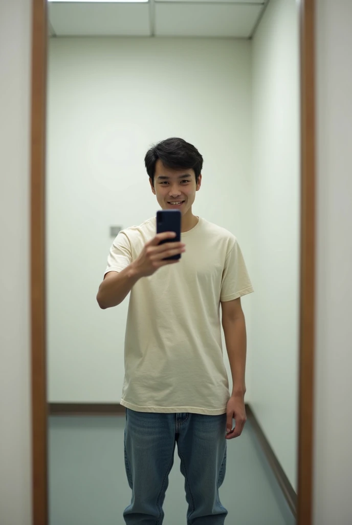 Asian guy (1) taking a mirror selfie inside fitting room. Wearing casual clothes.