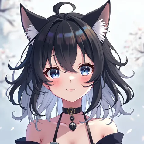 Anime , with cat ears, hair color mix of black and white strands, cat collar.