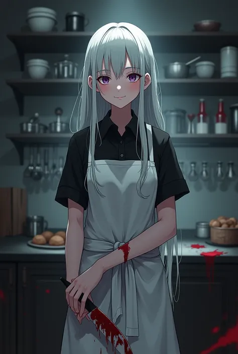 beautiful woman in her 20s, standing with a gentle murderous smile, wearing a black collar shirt, a white baking apron with blood stains, shes having long white hair and purple normal eyes, in a bakery, dark 
mysterious scary background, relaxed pose, anim...