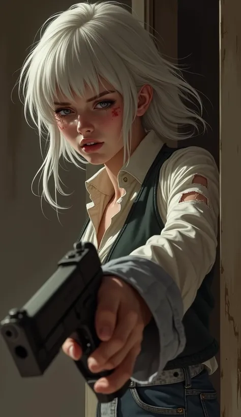 (suspense scene ((CONCEPT ART)), extremely detailed with a girl wearing jeans with brown coat and boots), (better lighting, better shadow, an extremely delicate and scary), (digital illustration), ((4k painting)), [(dynamic angle,((1girl)),white hair, (bea...