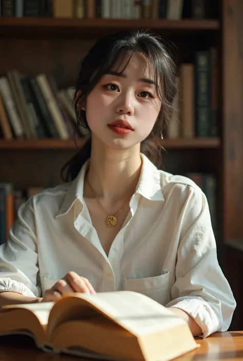 highly detailed,close-up,Face shot,(film grain),cinematic lighting,Portrait,DSLR,At 2, in a library，a Chinese darling with a moderate figure is portrayed in 4k resolution, Shes wearing a lightweight,fair complexion on face，natural make up， white silk thin ...