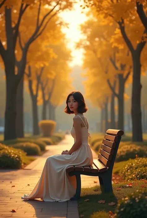 A realistic 
beautiful playground with trees of yellow leaver in evening and automn air with a beautiful girl sitting on a brown bench

