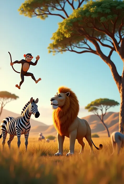 safari animals, lion, zebra, monkey in 3D