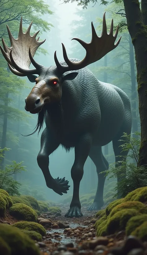 The moose and python merge into a monstrous hybrid, its size doubled and its power unmatched. Its body is that of a moose, but covered in snake-like scales, with its massive antlers now sharpened like deadly blades. The hybrid’s tail is long and coiled, ca...