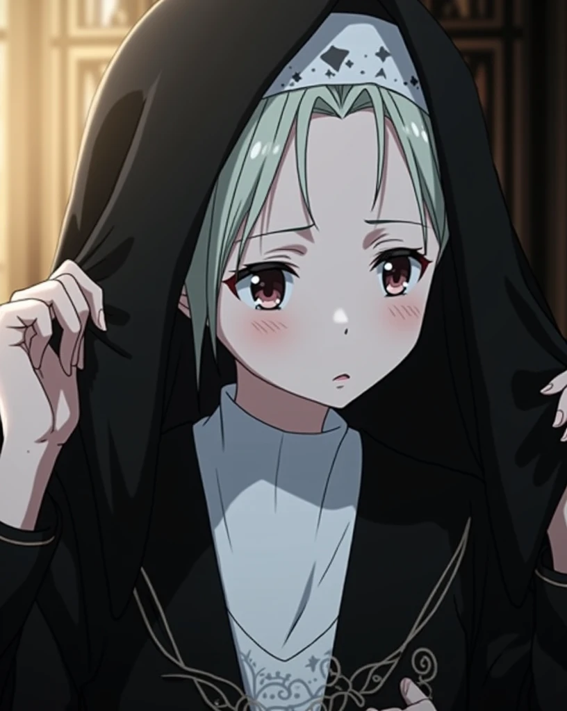 A young anime nun taking off her hair without covering her hair 