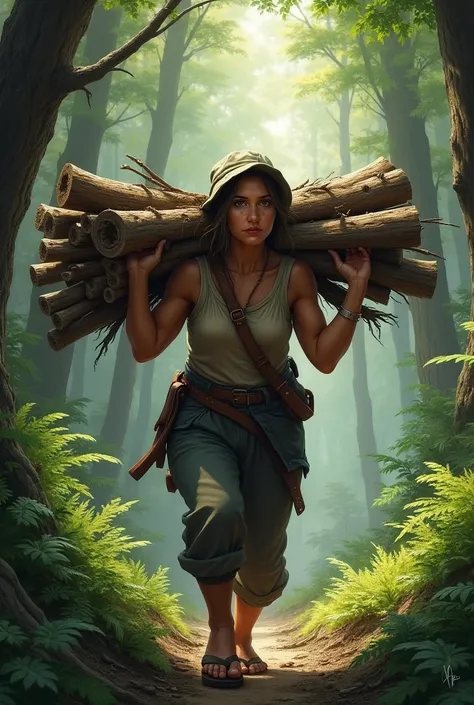 Detailed image of a woman carrying woods in her back from forest 