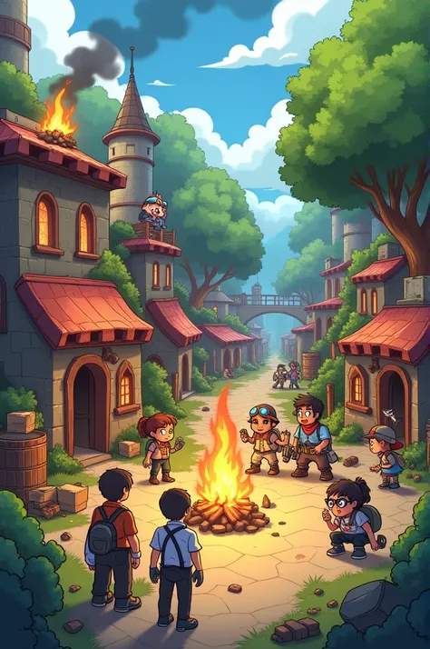 Create a vibrant and cartoon-style village scene set in a post-apocalyptic or steampunk world. The setting includes rugged stone and metal structures, large barrels on fire with thick black smoke, and scattered crates and debris. Some characters are gather...