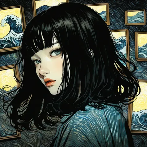 Illustration、art、Junji Ito、Overaction、Overreaction、cry、Attention to detail、Black Hair、Long Hair、Bob haircut, realistic shadow、Analog Style、Surrealism、Van Gogh Background、night