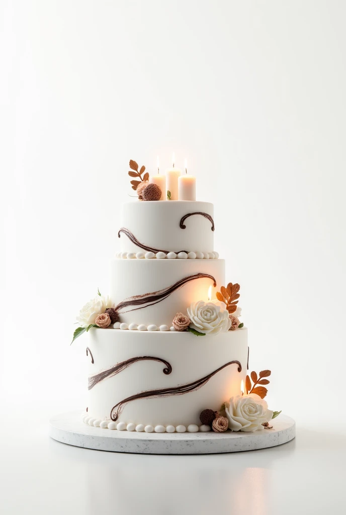 Elegant white cake with chocolate and candles, white background