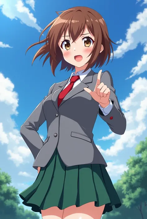 1girl, solo, Uraraka Ochako, thick_eyebrows blush_stickers, brown_hair, brown_eyes, short_hair, sideburns, shiny hair, medium breasts, skindentation +++ :D  +++ u.a._school_uniform, grey_jacket long_sleeves, white_shirt red_necktie, mos green pleated_skirt...