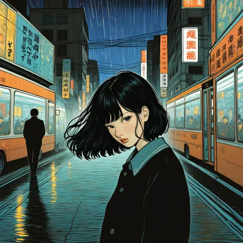 Illustration、art、Junji Ito、Overaction、Overreaction、cry、Attention to detail、Black Hair、Long Hair、Bob haircut, realistic shadow、Analog Style、Surrealism、Van Gogh Background、night