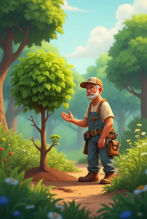 Create an animated image of a gardener seeing that the tree he planted does not grow like other gardeners&#39; trees 
