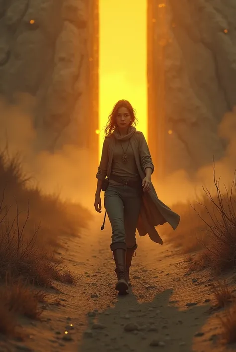 (photorealism:1.2), Someone walking on a pile of gravel and thorns. At the end of the road, a glowing golden door is visible. The expression on that persons face appears confident