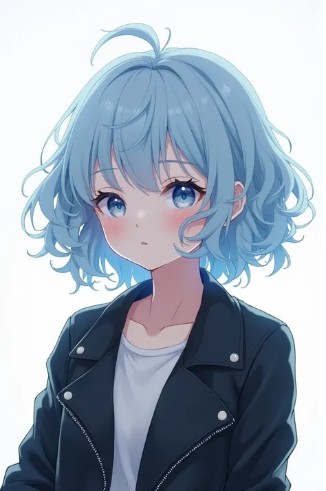 White background、Light blue hair、Curly hair、Short Hair、Short female junior high school student、Black leather jacket、ice