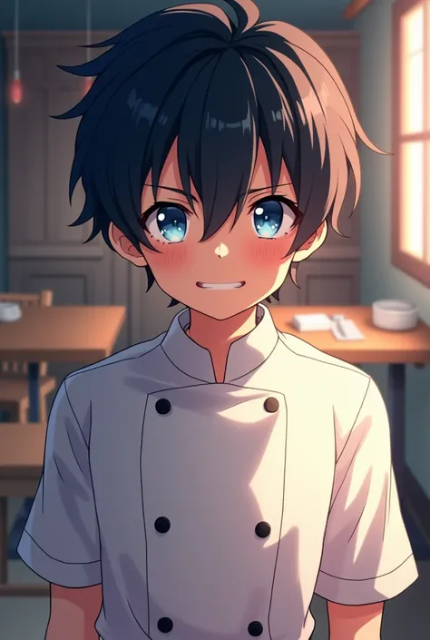 A handsome anime guy with black hair, Hair Between Eyes, Short Hair, cornflower blue eyes, wearing a chef uniform, Looking at viewer, From Above, Best Quality, Full-face Blush, Anime, Evil Smile, 