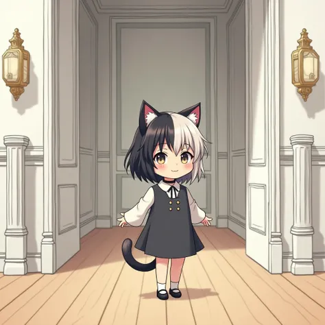 Anime child girl, with cat ears, hair color mix of black and white strands, cat collar, wool dress, black shoes, inside a mansion with white walls and wooden floors.