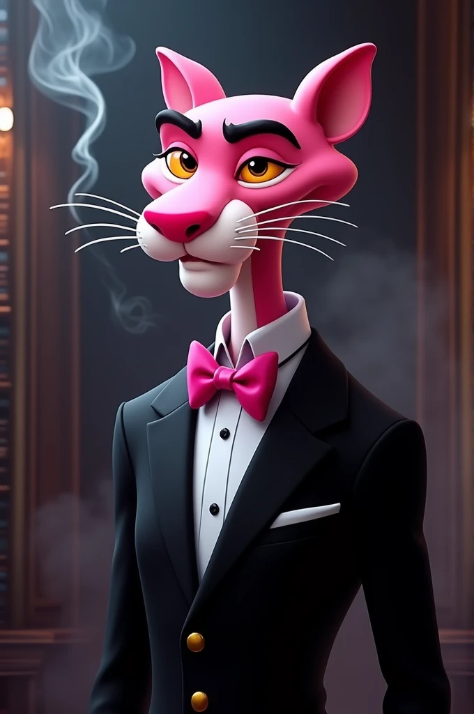 Pink panther cartoon in tuxedo, mafia 
