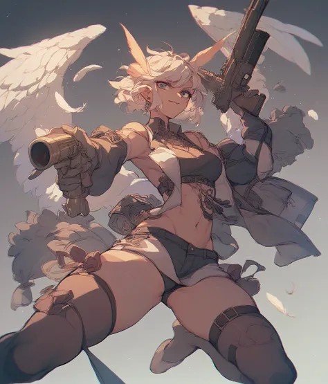 machine with wings、have a big gun、has a lot of guns、shooting a gun、woman holding a feather、tits