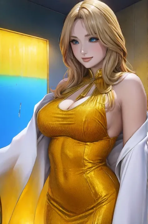 A beautiful woman with golden hair, wearing a melting wax dress that drips onto her body. (Masterpiece: 1.2), (Best quality, 4k), Ultra-detailed, (Dynamic composition: 1.4), Extremely detailed, Colorful details, (Rainbow colors: 1.2), (Bright lighting, Atm...