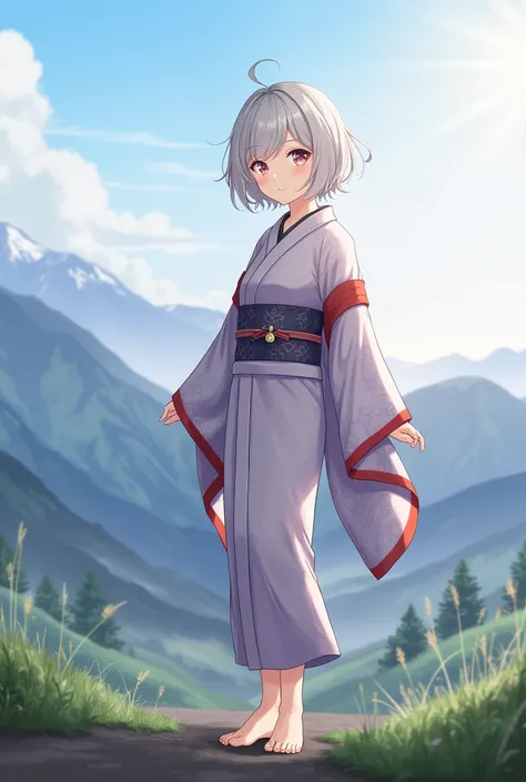 Standing in the mountains of Japan、Goddess、Silver short hair、kimono、A kind smile,Beautiful eyes、barefoot、Cool smile、Upper body portrait,Morning sky,Boyish,tall,early morning,Upper body close-up,Close-up,Anime