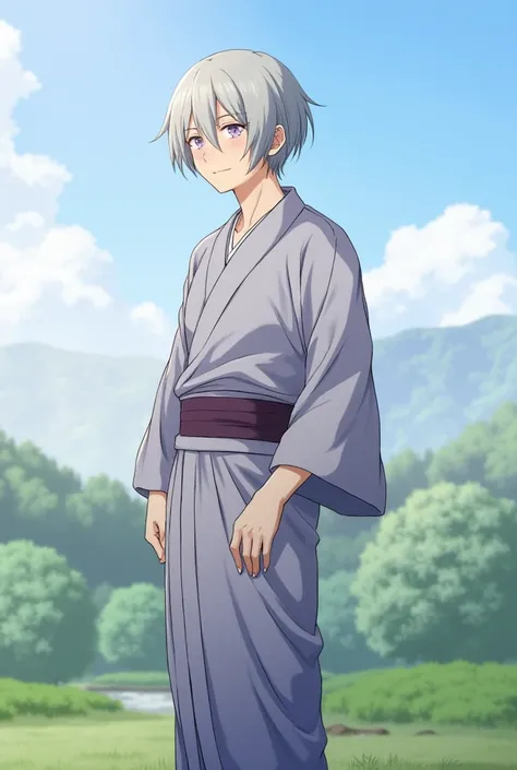 Standing in the mountains of Japan、Goddess、Silver short hair、kimono、A kind smile,Beautiful eyes、barefoot、Cool smile、Upper body portrait,Morning sky,Boyish,tall,early morning,Upper body close-up,Close-up,Anime