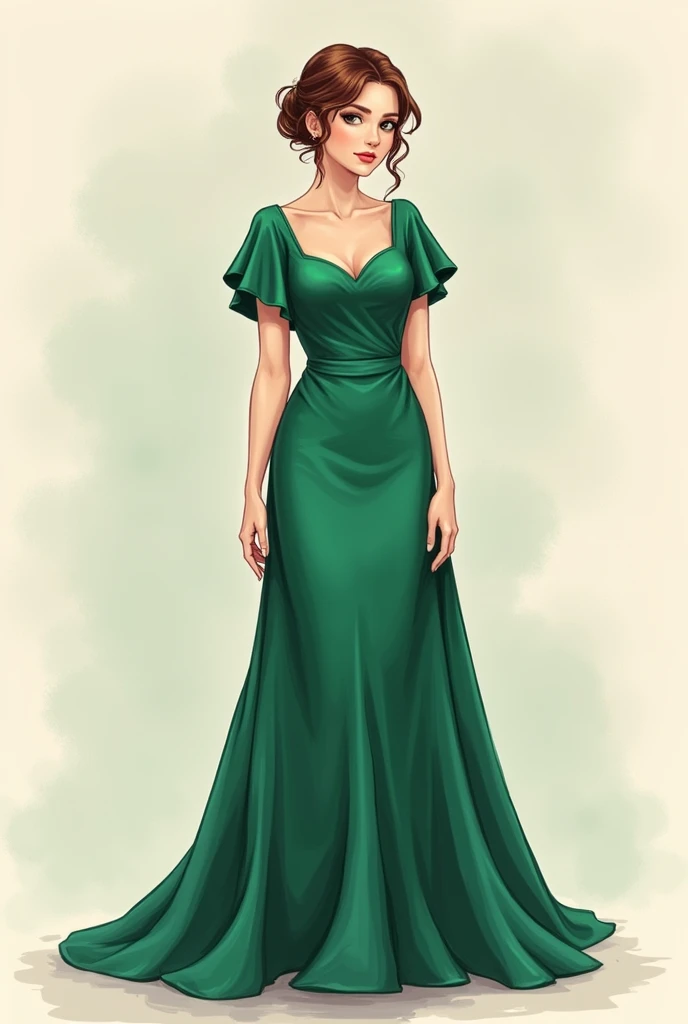 a picture or sketch of a petite pear shaped body type woman wearing a bridesmaid dress with these specification:

1. color: emerald
2. material: satin like, flowy
3. neckline: scoop
4. sleeve detail: short, fluttered
5. bottom detail: straight, body fit
6....