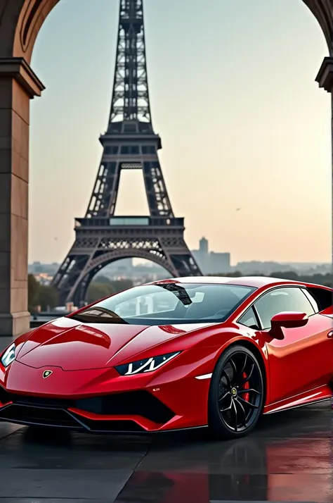 Red Lamborghini in front of Eiffel tower 