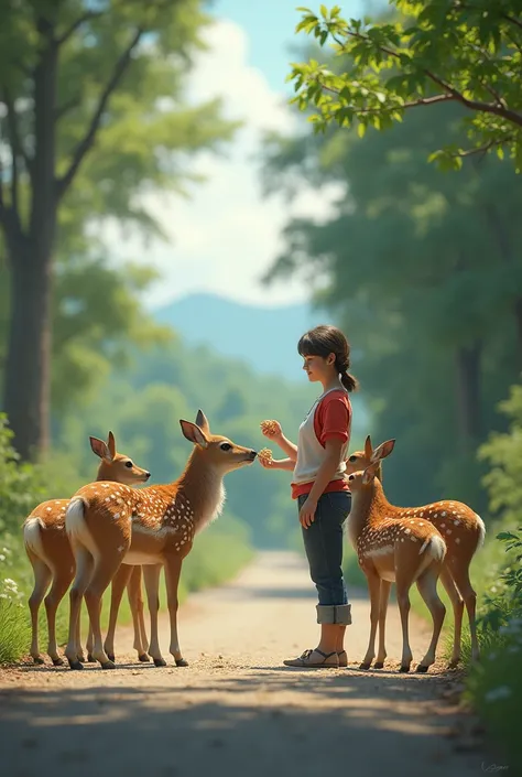 Human feeding sika deer on the roadside realistic