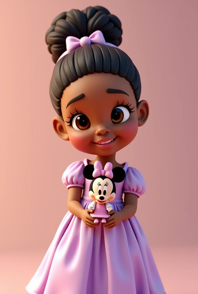 A child in 3D image, black woman with bun hair, princess face, lilac dress, honey colored eyes, Small nose, small lips, smiling with Minnie the baker in hand 