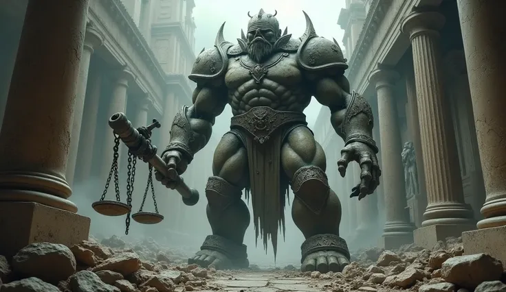 "Design a terrifying, giant monster inspired by the concept of law. Its body is a towering, armored figure made of cracked, weathered stone, engraved with broken legal codes, verdicts, and ancient symbols of justice. Its face is a blindfolded, stern visage...