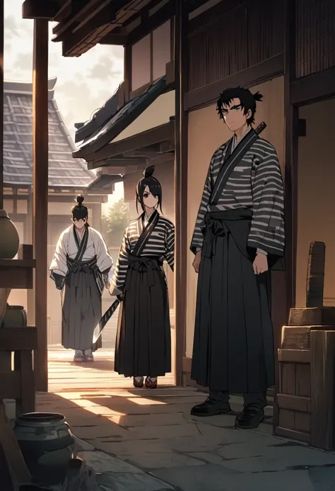 Toshizo Hijikata、A scene where several ronin are defeated in an instant。He is light blue and white「Striped pattern」Wearing hakama、Her sharp black hair is tied in a traditional topknot.。His face is cool and focused.、Staring at the enemy with sharp eyes、It d...