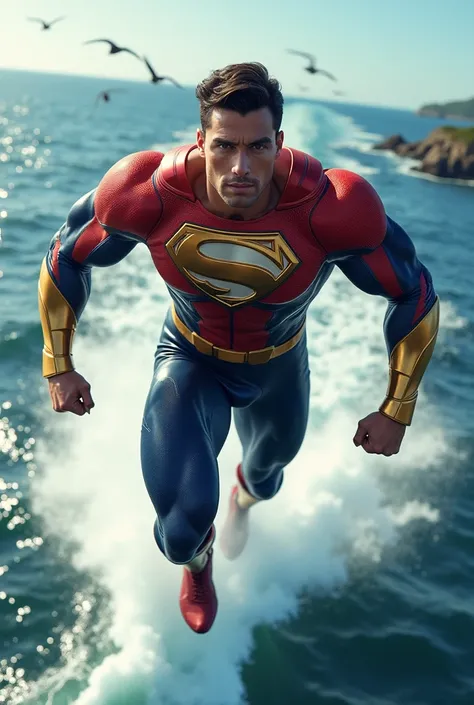 A male superhero, wearing a tight costume with a golden number 241 logo on the right chest, costume color combination red, bright blue, white and gold, handsome and clean face, muscular body, flying low above the sea surface, subsonic wind gusts due to fli...