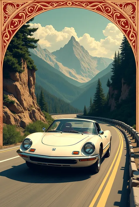 Draw a white Honda Frida car racing along a mountain highway in a round frame in the Old Slavic style