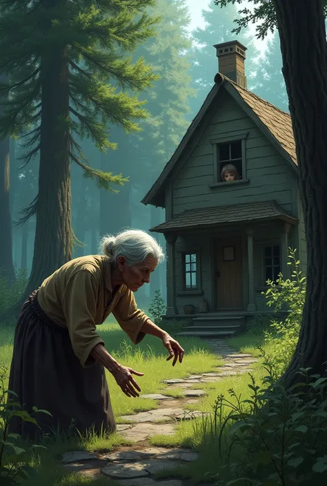 Detailed image of an old lady begging for a food from a closed house in the forest.  The house looks moderate. A little giel can be seen looking at this old lady from a window 